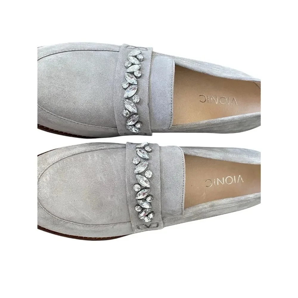 Vionic Light Gray Suede Avvy Bejeweled Rhinestone Loafers size 8